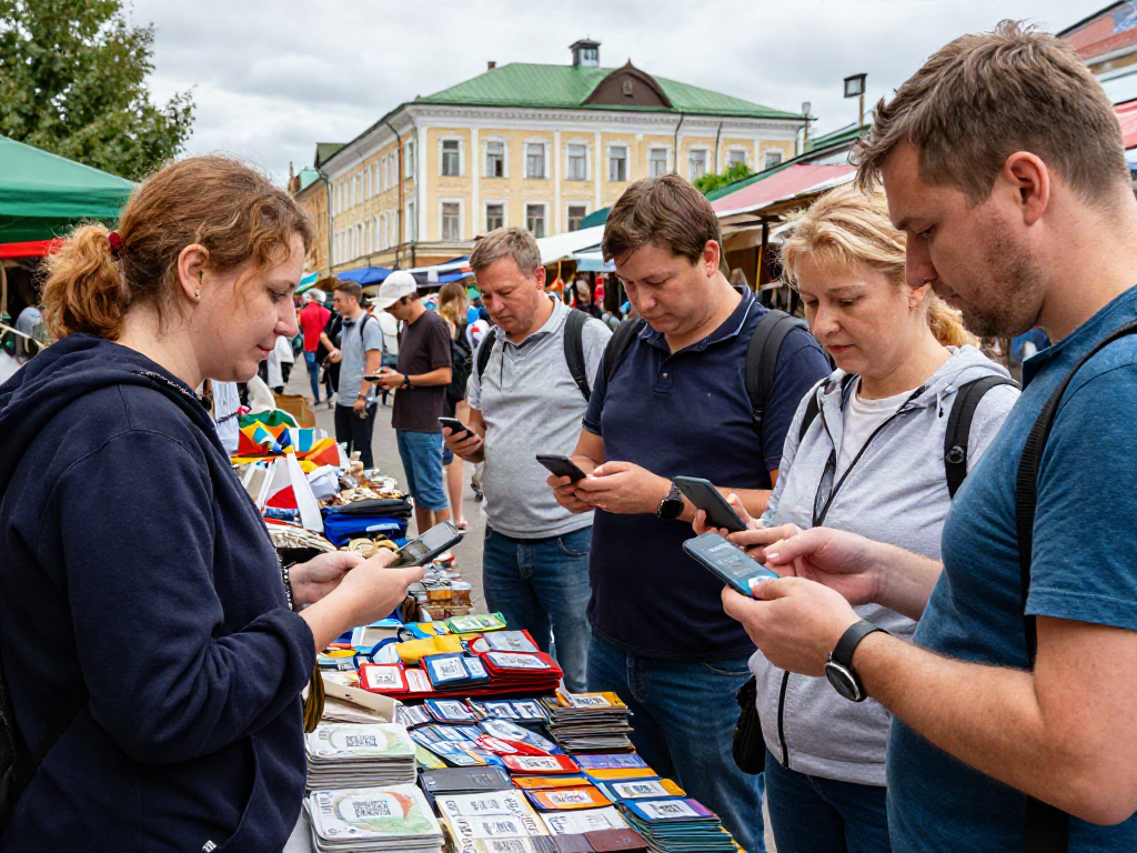 Visita https://payinrussia.com/ para ver cómo turistas realizan pagos rápidos en un mercado ruso.