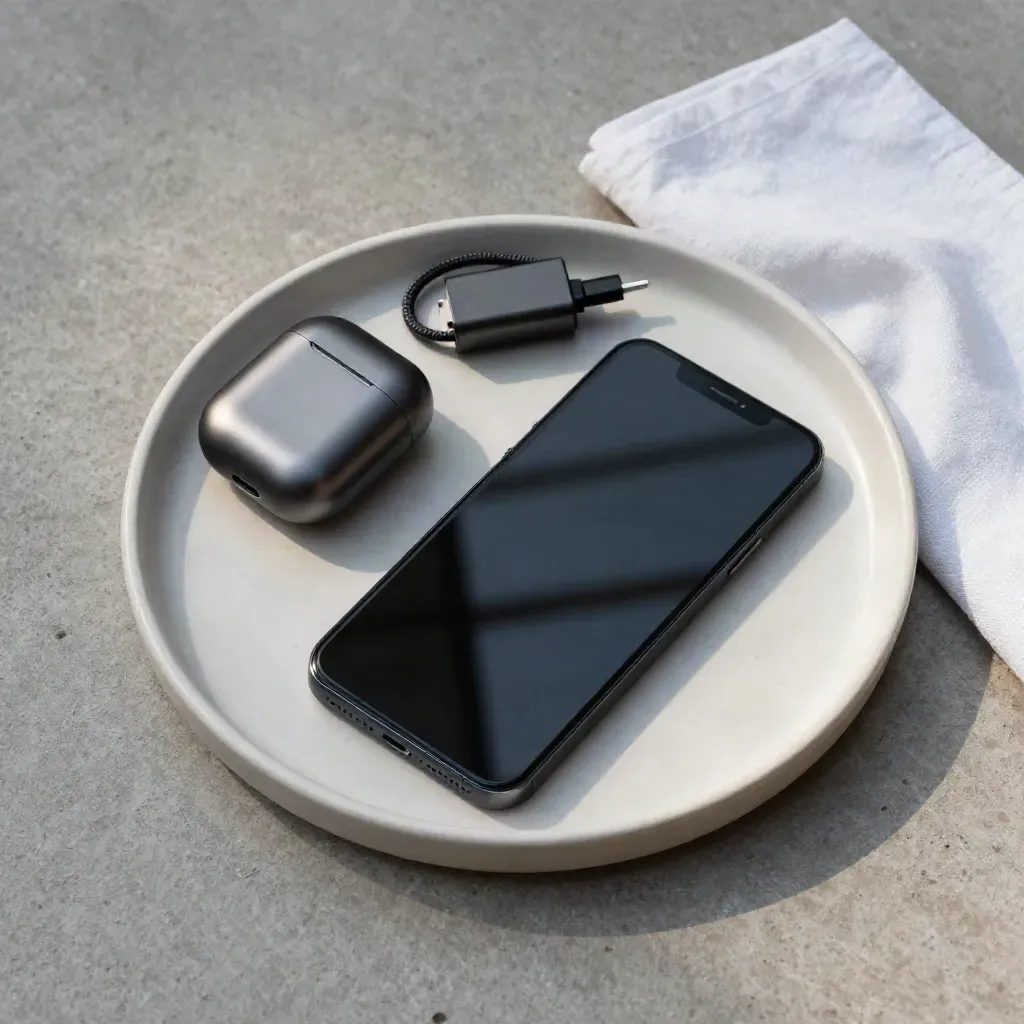Mattsvart smartphone, hörlursask och laddare på stentray i mjukt dagsljus.